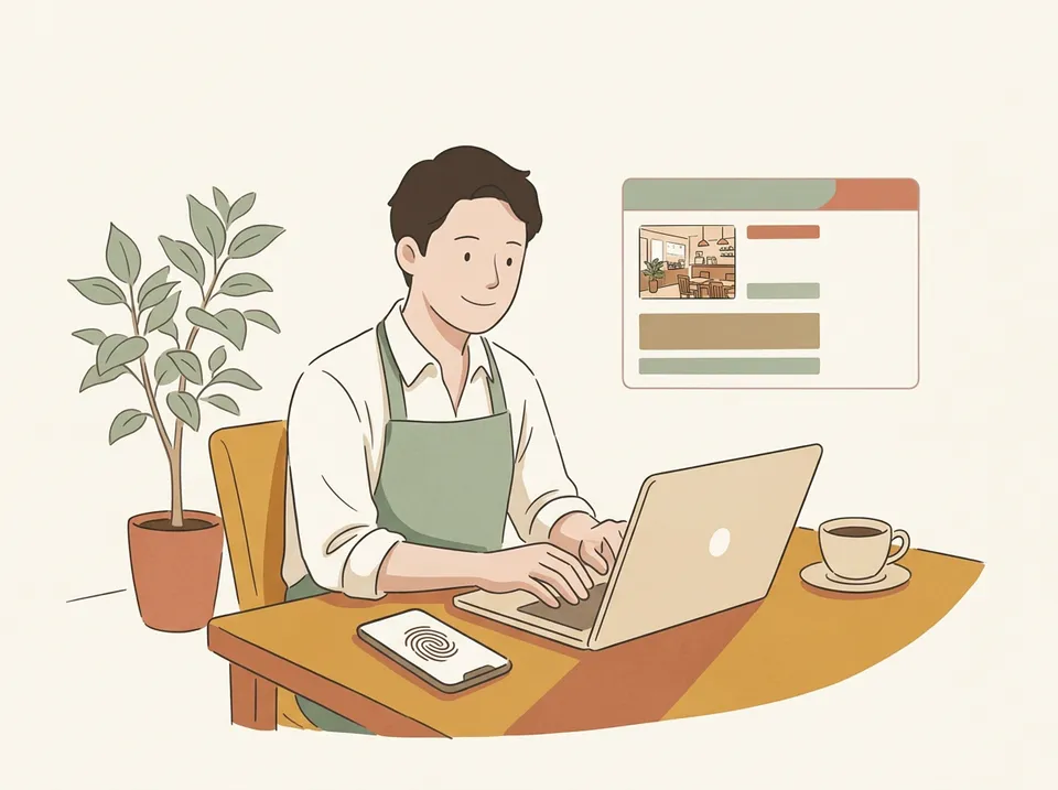 カフェの店主がノートパソコンでお店のサイトのお知らせを更新しているイラスト。手元のスマートフォンには指紋認証のマークが表示されている