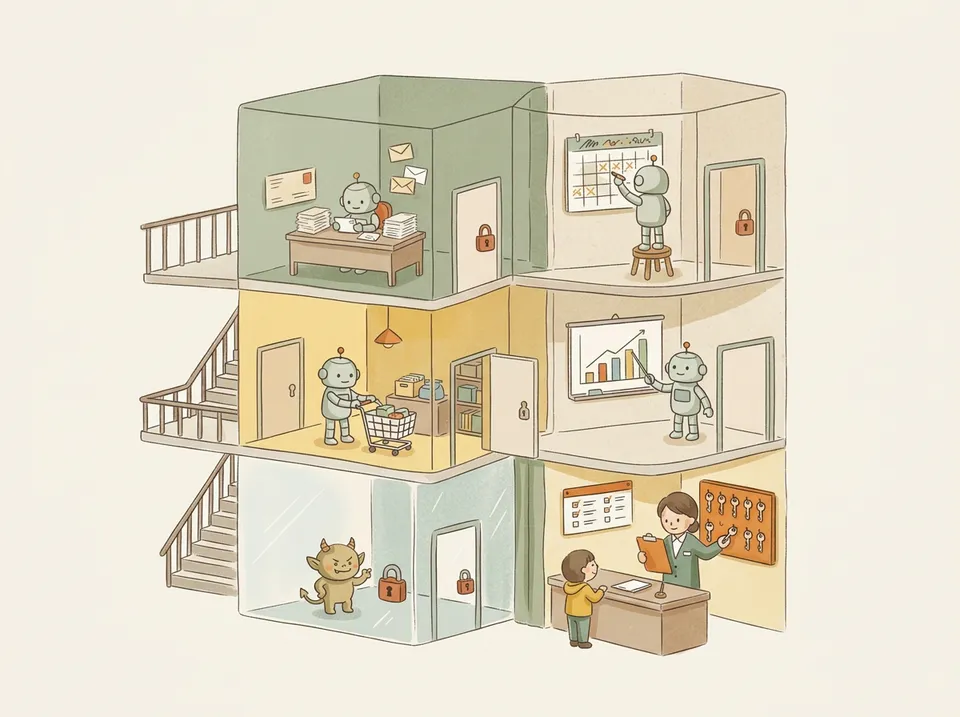 ガラス張りの個室が並ぶ建物のイラスト。部屋ごとにロボットがメール・予定表・買い物・グラフの仕事をしていて、いたずら好きの小鬼はカギのかかった部屋から出られない。受付では管理人がチェックリストを見ながら部屋ごとのカギを渡している